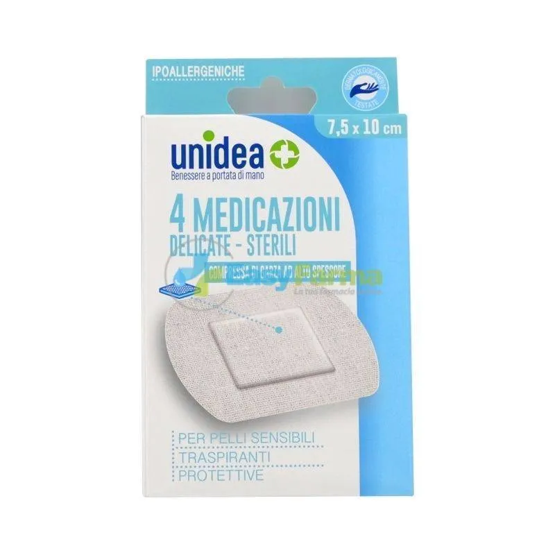 Unidea 4 Medicazioni Delicate Sterili Compressa di Garza ad Alto Spessore  7.5x10 cm